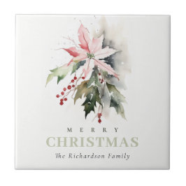 Azulejo Navidades Poinsettia Berries Foliage Watercolor