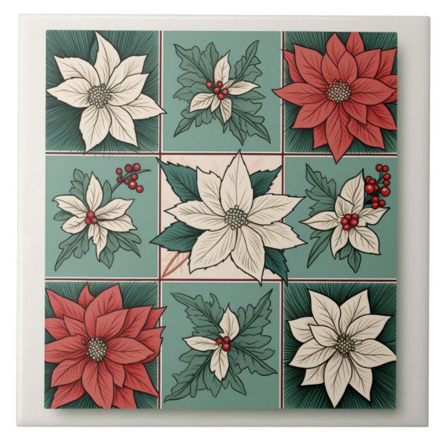 Azulejo Navidades Poinsettia Floral Verde Blanco Rojo (Frente)