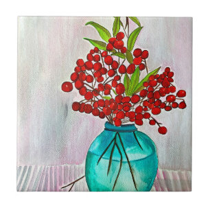 Azulejo Navidades rojos Berries acuarela arte fino