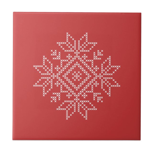 Azulejo Navidades rojos copos de nieve de punto arte nórdi (Frente)