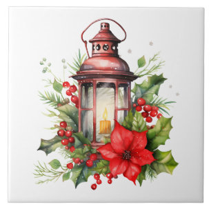 Azulejo Navidades rojos Lantern Poinsettia y Pine