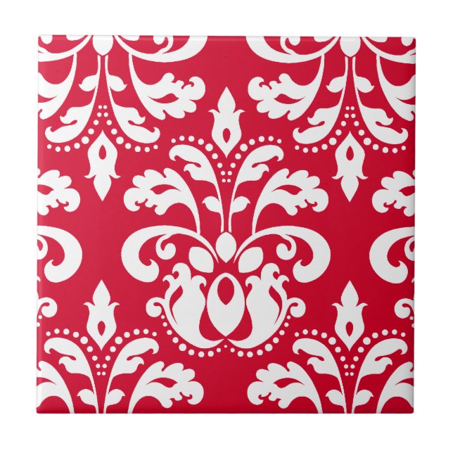 Azulejo Navidades rojos y blancos elegantes damasco (Frente)