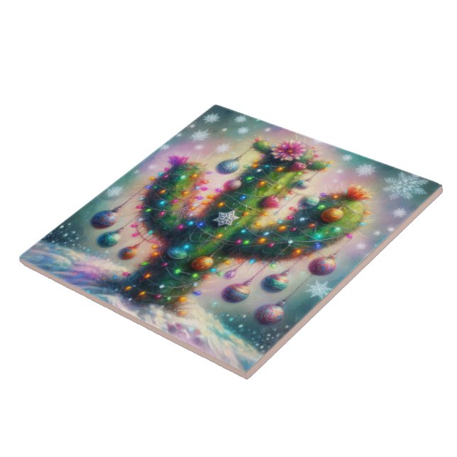 Azulejo Navidades Saguaro Cactus Whimsical Snowflakes (Lado)