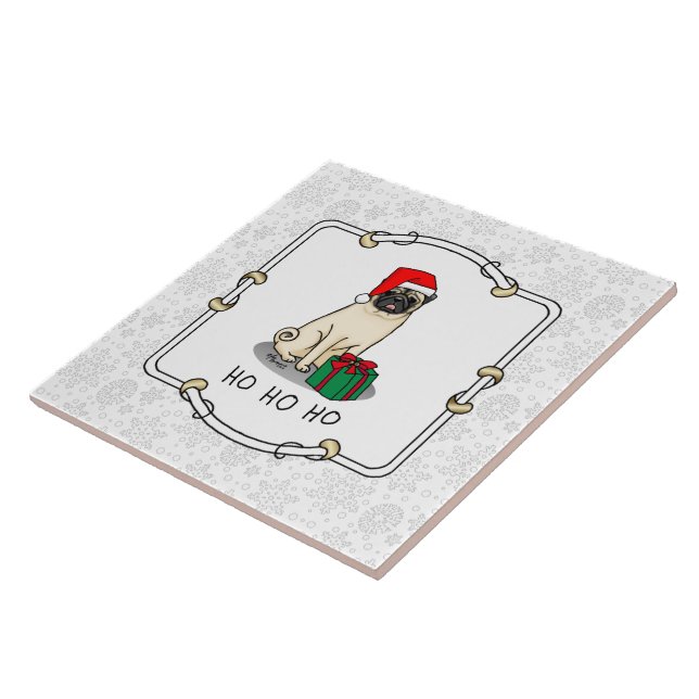 Azulejo Navidades Santa Hat Pug Dog (flor claro) Cute (Lado)