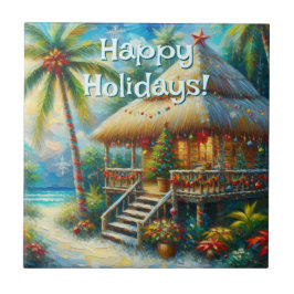 Azulejo Navidades Tropical Hut Palm Tree Beach Lights