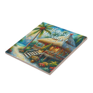 Azulejo Navidades Tropical Hut Palm Tree Beach Lights