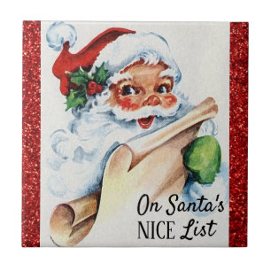 Azulejo Navidades Vintage Santa Nice List Purpurina rojo