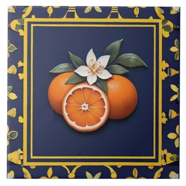 Azulejo Navy Blue & Gold Oranges Mediterranean Fruit (Frente)