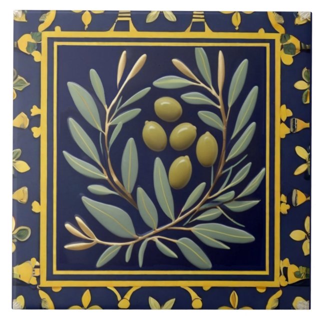 Azulejo Navy Blue Green Olives Mediterranean Olive Branch (Frente)