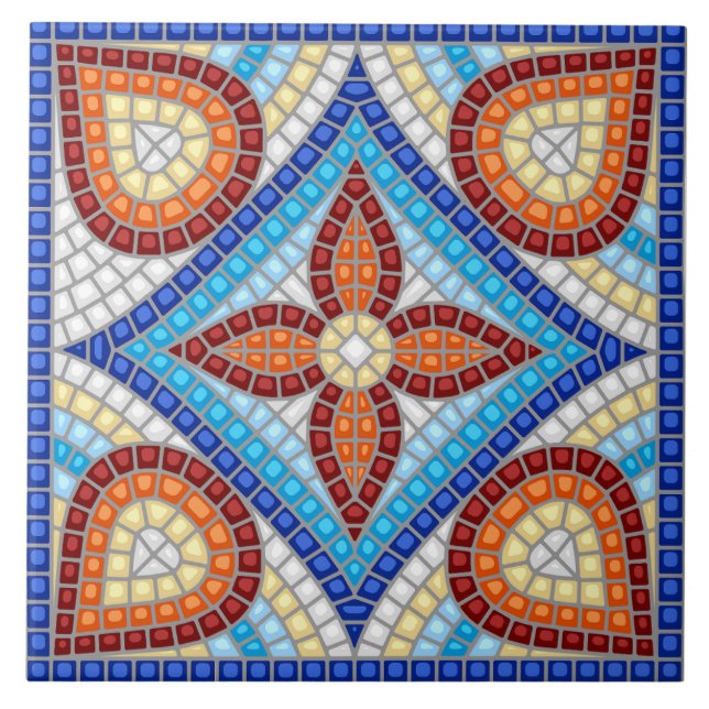 Azulejo Navy Blue Teal White Red Marble Moroccan Mosaic  (Frente)