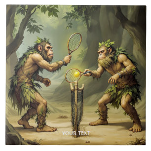 Azulejo Neandertales fantásticos y lindos jugando tenis