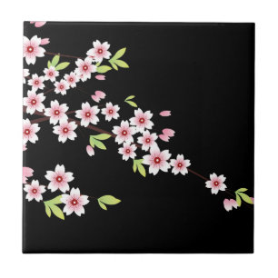 Azulejo Negro con Sakura color rosa y verde flor de cerezo