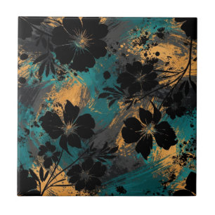 Azulejo Negro Floral Silueta en Negrita con Verde Azulado 