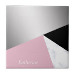 Azulejo Negro rosado de mármol blanco de plata geométrico<br><div class="desc">Falsa plata geométrica elegante y elegante,  bloque blanco del mármol,  rosado y negro del color.</div>