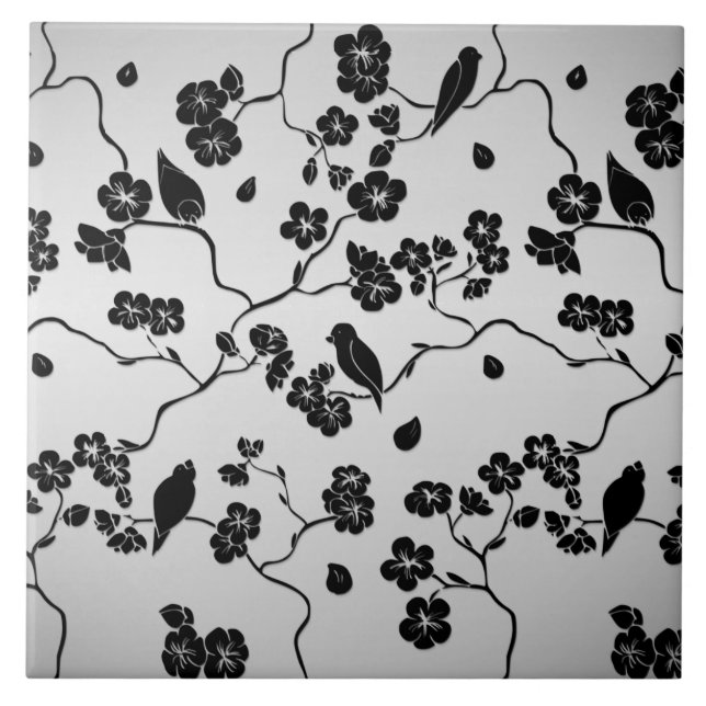 Azulejo Negro sobre pájaros de patrón plateado y flores de (Frente)