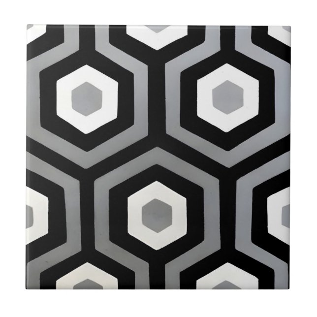 Azulejo negro y blanco geométrico hexagonal negro y blanco (Frente)
