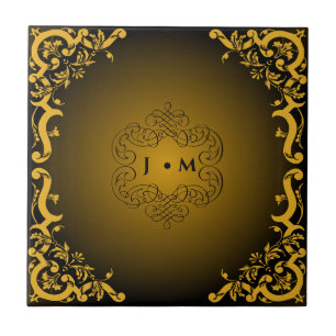 Azulejo Negro y oro con elementos decorativos