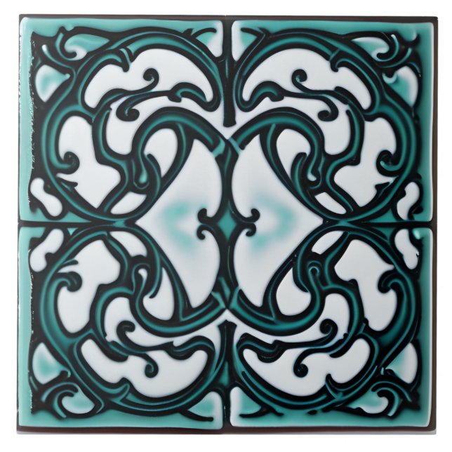 Azulejo Negro y Verde azulado al estilo toscano blanco (Frente)