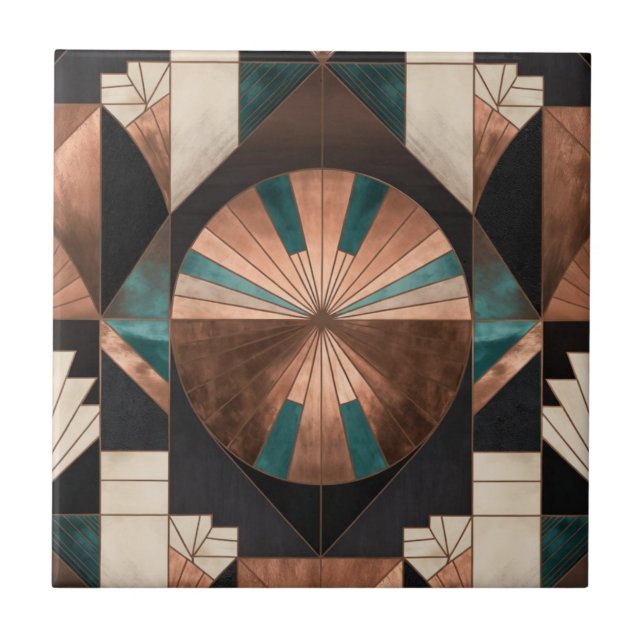 Azulejo Neo Art Deco Geometric Teal Copper Gold Sunburst (Frente)