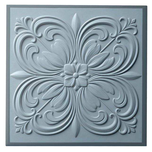 Azulejo Neo Clásica Floral Azul Gris Faux Alivio (Frente)