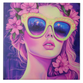 Azulejo Neon Dream Chica con gafas de sol florales