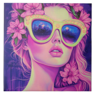 Azulejo Neon Dream Chica con gafas de sol florales