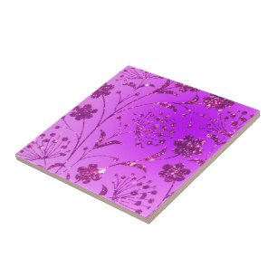 Azulejo Neon Púrpura Purpurina Rosa Flores Cerámica Tile