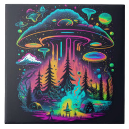Azulejo Neon UFO y Alien Scene Psychedelic Art