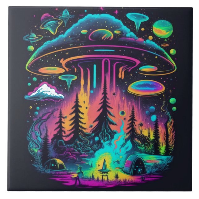 Azulejo Neon UFO y Alien Scene Psychedelic Art (Frente)