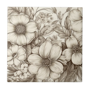 Azulejo Neutral Sepia Floral Cremosa Botánica Estilo Granj
