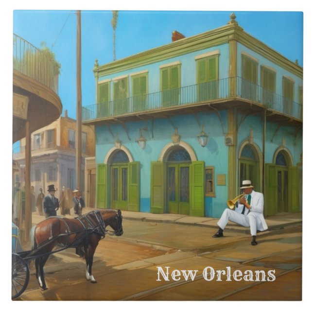 Azulejo New Orleans French Quarter Blue Green House (Frente)