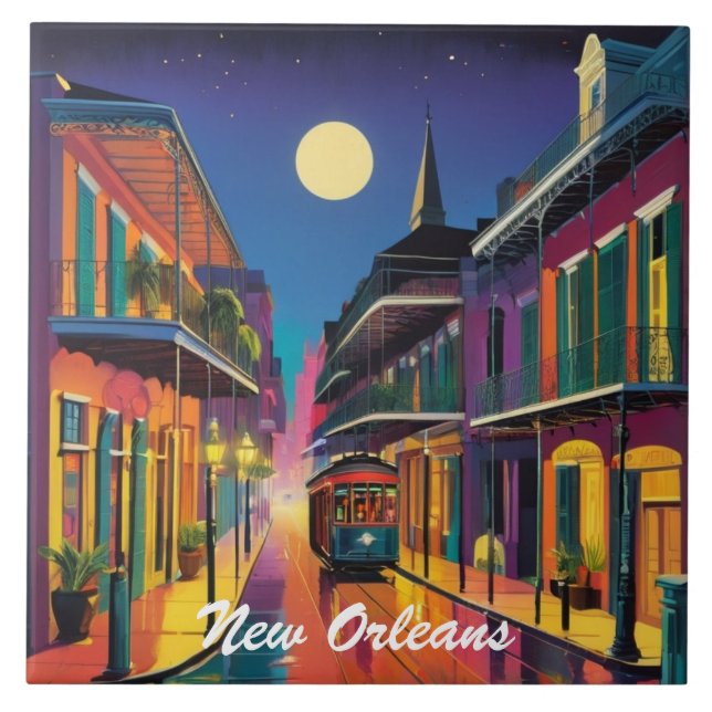 Azulejo New Orleans Street & Streetcar by Night (Frente)