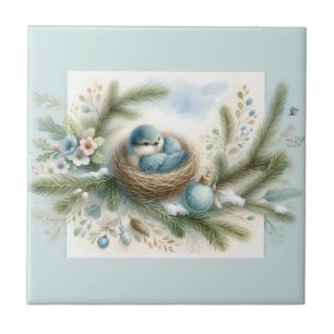 Azulejo Nido de pájaro azul con adornos en pinos de invier