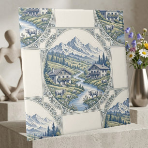 Azulejo Nieve Alpes Praderas Onduladas Chalé Rústico Escén