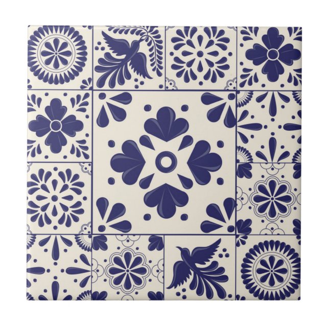 Azulejo Nile Blue Mexicana Tradicional Floral Talavera (Frente)