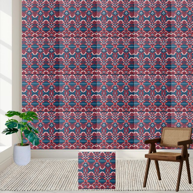 Azulejo Nilo de patrón tribal escandinavo rojo y azul negr (Bold Red and Blue Scandinavian Tribal Pattern Tile)