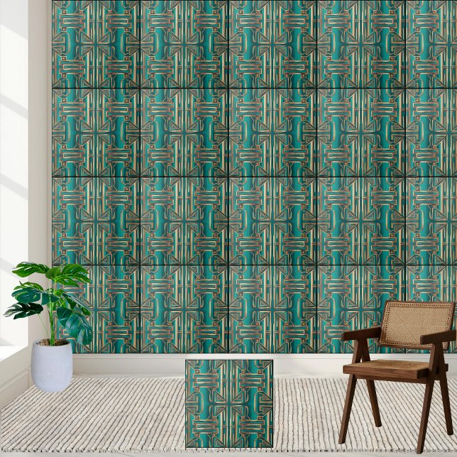 Azulejo Nilo geométrico Art Deco en Verde azulado y oro (Art Deco Geometric Tile in Teal and Gold)