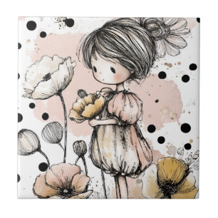 Azulejo Niña Caprichosa Acuarela con Acentos Florales (5)