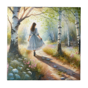 Azulejo Niña Caprichosa Bailando a Través de un Bosque de