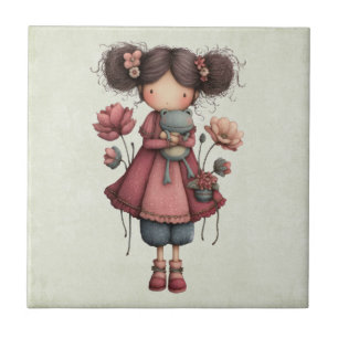 Azulejo Niña con una muñeca de rana linda y caprichosa