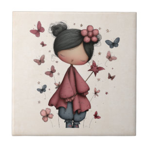Azulejo Niña con varita mágica y mariposas Lindo