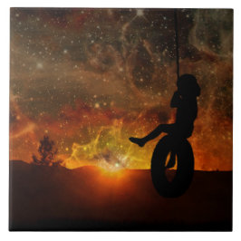 Azulejo Niña En Tejido De Cerámica De Swing De Neumáticos