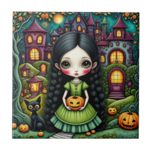 Azulejo Niña Gótica Adorable Calabaza Pueblo Halloween