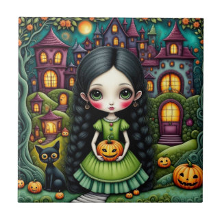 Azulejo Niña Gótica Adorable Calabaza Pueblo Halloween