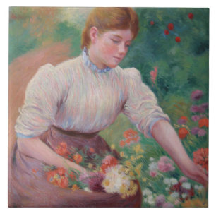 Azulejo Niña recogiendo flores en un jardín de verano