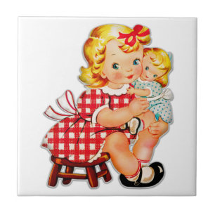 Azulejo Niña retro vintage muñeca niña