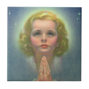 Azulejo Niña rubia angelical con halo y estrellas rezando