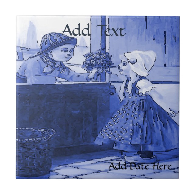 Azulejo Niñas holandesas Flores Tile, aspecto holandés, pe (Frente)