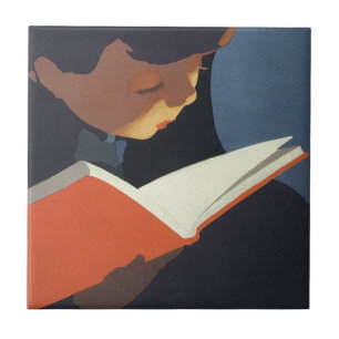 Azulejo Niño Antiguo Leyendo un Libro de la Biblioteca