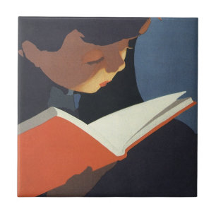 Azulejo Niño Antiguo Leyendo un Libro de la Biblioteca